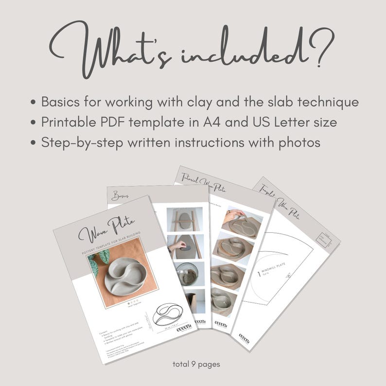 May include: A collection of printed instructions and templates for clay slab building. The image shows several pages with the title "Wave Plate" and step-by-step instructions with photos. The text "What's included?" is at the top.