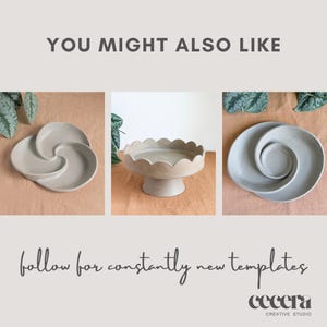 May include: Three neutral-toned ceramic serving pieces are displayed against a neutral background. The pieces include a swirl-shaped dish, a scalloped-edge pedestal cake stand, and a spiral-shaped dish. The text "YOU MIGHT ALSO LIKE" and "follow for constantly new templates" are also visible.