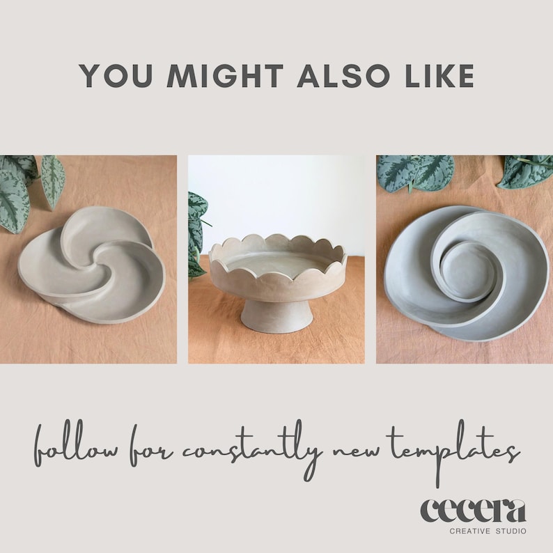 May include: Three neutral-toned ceramic serving pieces are displayed against a neutral background. The pieces include a swirl-shaped dish, a scalloped-edge pedestal cake stand, and a spiral-shaped dish. The text "YOU MIGHT ALSO LIKE" and "follow for constantly new templates" are also visible.