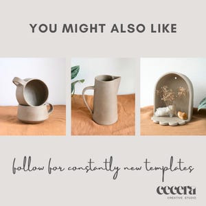 Op de afbeelding: Een promotieafbeelding met drie keramische items: twee gestapelde mokken, een kan en een decoratief wandrek. De items hebben een neutrale beige kleur en worden weergegeven op een bruin oppervlak. De tekst "YOU MIGHT ALSO LIKE" en "follow for constantly new templates" is ook zichtbaar.