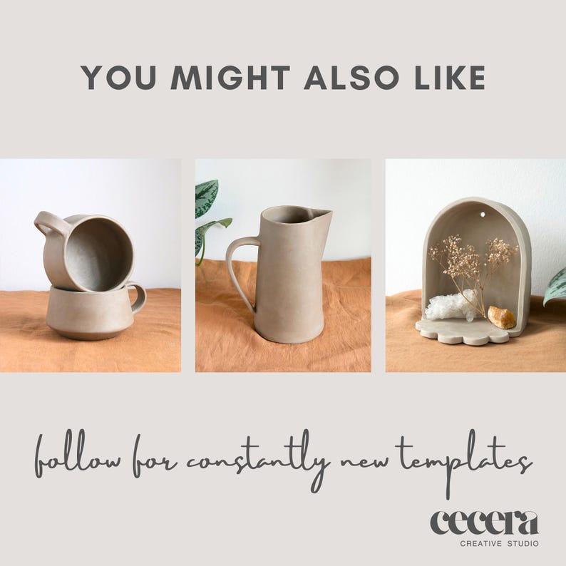 Op de afbeelding: Een promotieafbeelding met drie keramische items: twee gestapelde mokken, een kan en een decoratief wandrek. De items hebben een neutrale beige kleur en worden weergegeven op een bruin oppervlak. De tekst "YOU MIGHT ALSO LIKE" en "follow for constantly new templates" is ook zichtbaar.