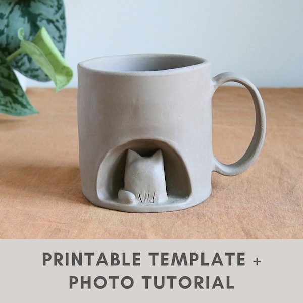 cat mug pottery template | slab building tutorial | tea and coffee ceramic cup with cute cat figure | printable template | diy pottery
