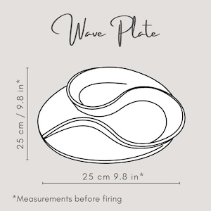 May include: A line drawing of a wave plate, with dimensions of 9.8 inches (25 cm) in length and width. The plate's design features a flowing, wave-like shape. The text "Wave Plate" is at the top.