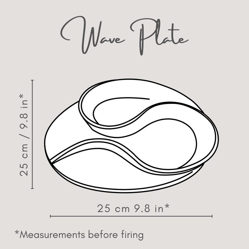May include: A line drawing of a wave plate, with dimensions of 9.8 inches (25 cm) in length and width. The plate's design features a flowing, wave-like shape. The text "Wave Plate" is at the top.