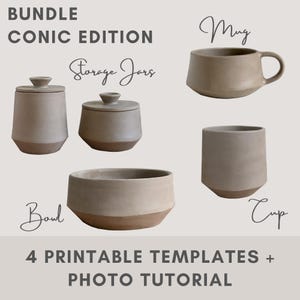 以下が含まれることがあります： ベージュのセラミック製キッチン用品のコレクション。保存瓶、マグカップ、ボウル、カップが含まれています。アイテムは、明るい上部と暗いベースの2トーンデザインです。テキストには「BUNDLE CONIC EDITION」、「Storage Jars」、「Mug」、「Bowl」、「Cup」、および「4 PRINTABLE TEMPLATES + PHOTO TUTORIAL」が含まれています。