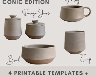 Bundle «Conic Edition» 4 pottery templates | slab building tutorial | bowl | mug | cup | storage jars | printable template | diy pottery