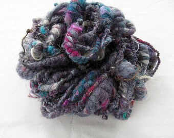 May include: A skein of hand-spun yarn in shades of gray, pink, teal, and white. The yarn is made of a variety of fibers, including wool, silk, and mohair. It is a unique and beautiful yarn that would be perfect for knitting or crocheting a special project.