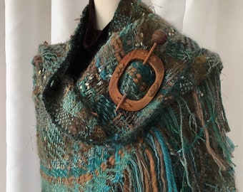 Teal and Brown Tri Loom Shawl with Fringe