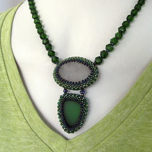 Beaded Green Beach Glass and Pebble Necklace