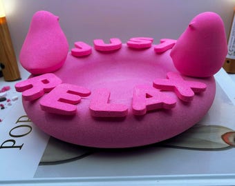 Pink Stone Cast Doughnut Tray: 'Just Relax' Lettering, Bird Decor