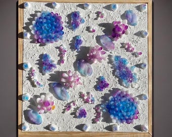 3D Mixed Media Wall Art – Textured White Canvas, Purple Resin Crystals, Framed Ethereal Decor