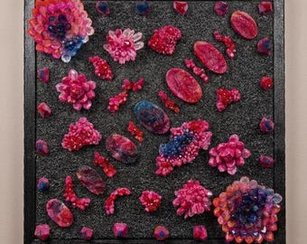3D Mixed Media Wall Art – Textured Black Canvas, Hot Pink Resin Crystals, Framed Ethereal Decor