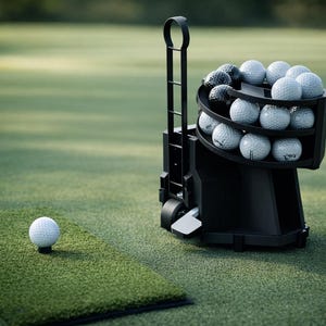 May include: A black golf ball cart filled with golf balls, with a single golf ball on a green mat in the foreground. The cart has a handle and wheels for easy transport. The golf balls are white with black markings.