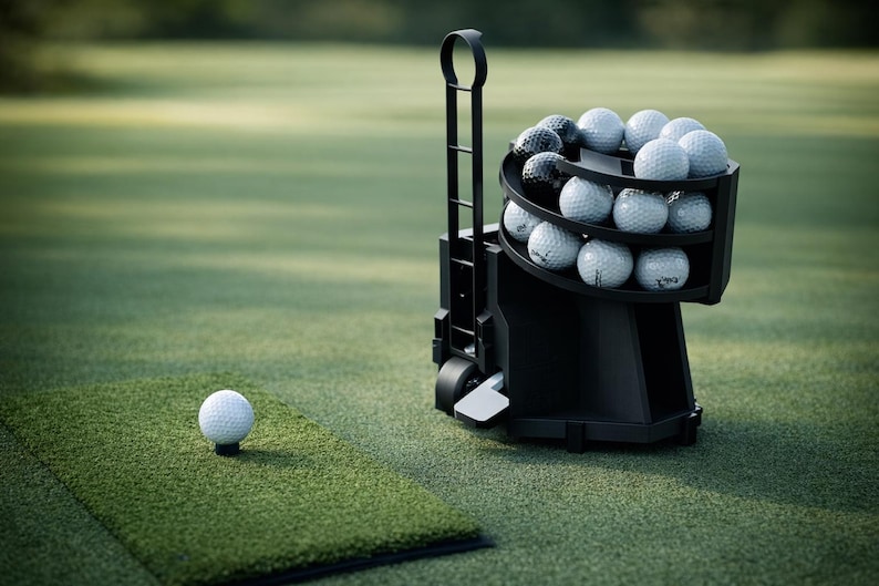 May include: A black golf ball cart filled with golf balls, with a single golf ball on a green mat in the foreground. The cart has a handle and wheels for easy transport. The golf balls are white with black markings.