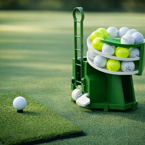 May include: A green golf ball dispenser filled with white and yellow golf balls. A single golf ball rests on a small green mat. The dispenser is on a green surface, with a golf course in the background.