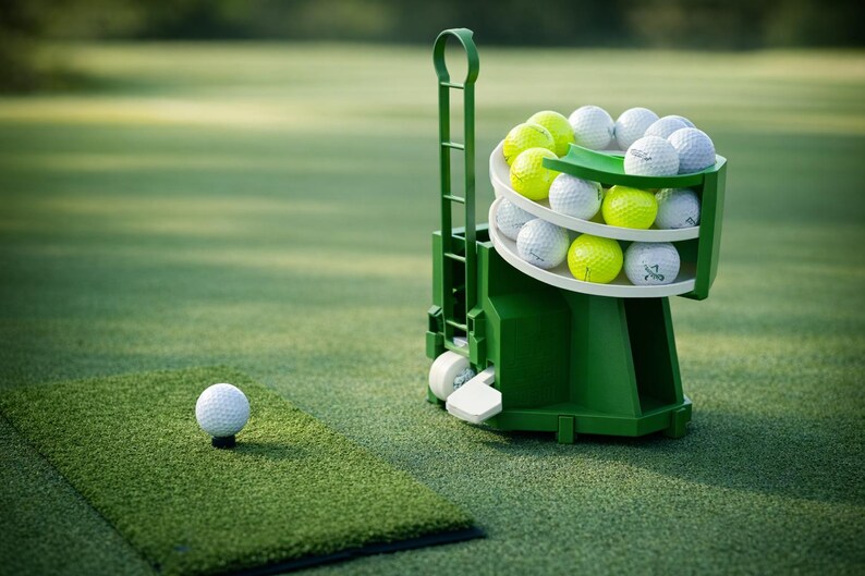 May include: A green golf ball dispenser filled with white and yellow golf balls. A single golf ball rests on a small green mat. The dispenser is on a green surface, with a golf course in the background.