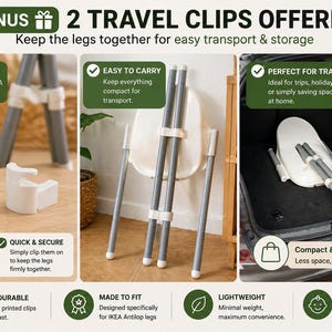 May include: White and gray travel clips for IKEA Antilop high chair legs. The image shows the clips, assembled legs, and a high chair in a car trunk. Text reads: "BONUS 2 TRAVEL CLIPS OFFERED!" and "Keep the legs together for easy transport & storage."