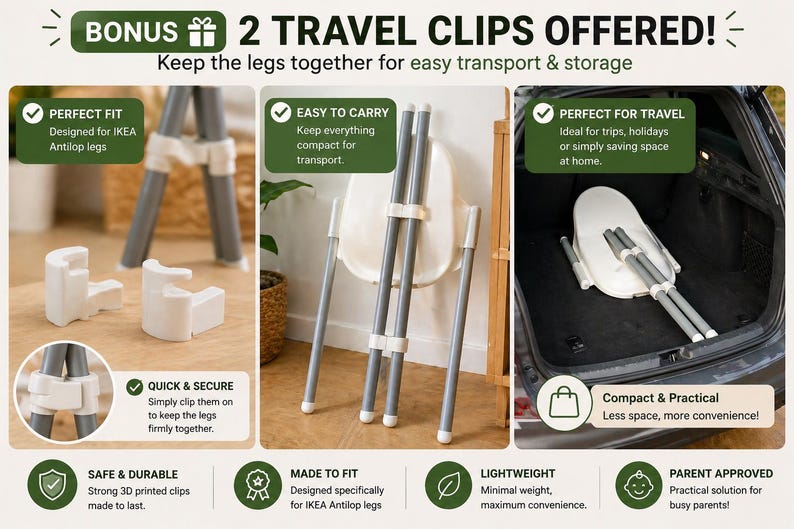 May include: White and gray travel clips for IKEA Antilop high chair legs. The image shows the clips, assembled legs, and a high chair in a car trunk. Text reads: "BONUS 2 TRAVEL CLIPS OFFERED!" and "Keep the legs together for easy transport & storage."