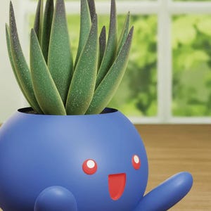 May include: A blue and red cartoon planter shaped like a Pokemon character with a green succulent plant inside.