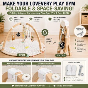 Peut inclure: Un tapis de jeu Lovevery pliable avec un cadre en bois et des jouets suspendus. L'image montre le tapis ouvert et plié, soulignant sa conception peu encombrante. Comprend une vis et un écrou pour l'assemblage. Le texte dit "Make Your Lovevery Play Gym Foldable & Space-Saving!"