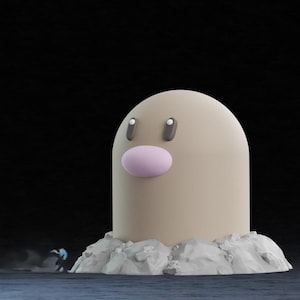 May include: A 3D rendered figure of a Diglett, a Pok&eacute;mon character, with a tan body, pink nose, and small eyes. The figure is emerging from a pile of gray rocks against a dark background. A small figure in blue is running away.