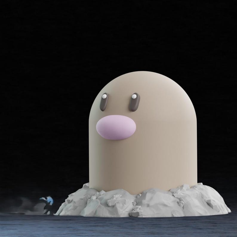 May include: A 3D rendered figure of a Diglett, a Pok&eacute;mon character, with a tan body, pink nose, and small eyes. The figure is emerging from a pile of gray rocks against a dark background. A small figure in blue is running away.