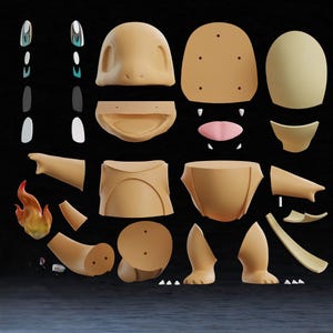 May include: Disassembled tan-colored figure with various parts including a head, body, limbs, and a flame. The figure's components are arranged separately, showcasing the different pieces that make up the whole.