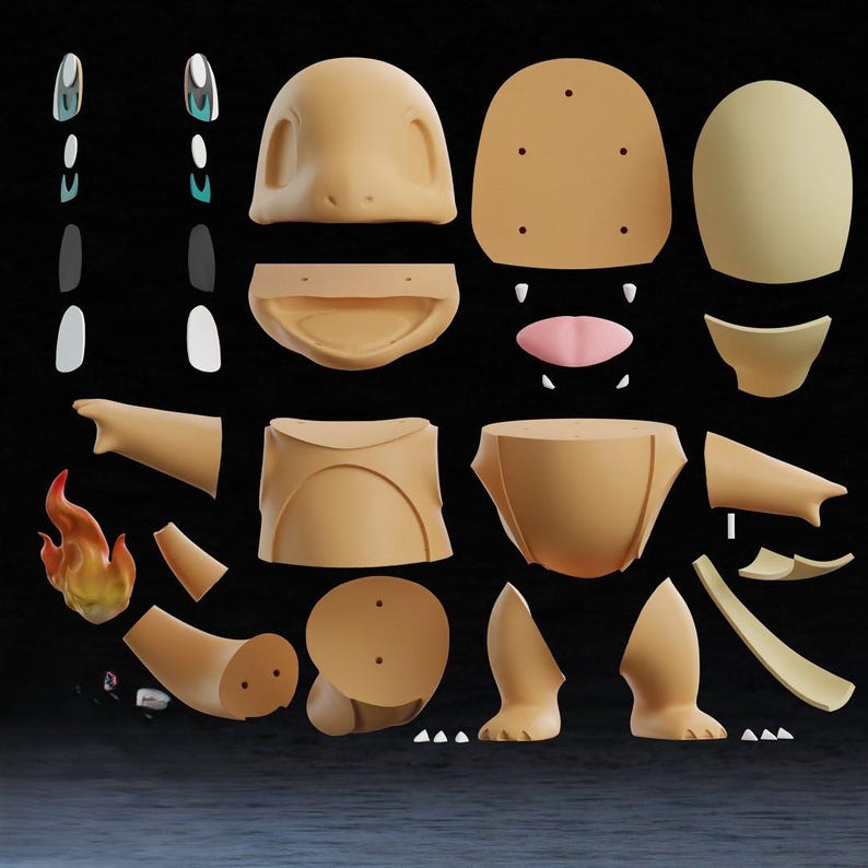 May include: Disassembled tan-colored figure with various parts including a head, body, limbs, and a flame. The figure's components are arranged separately, showcasing the different pieces that make up the whole.