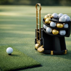 Outdoor Golf Ball Dispenser – Automatic PETG Holder with Adjustable Stand – Golf Practice Tool Black & Gold