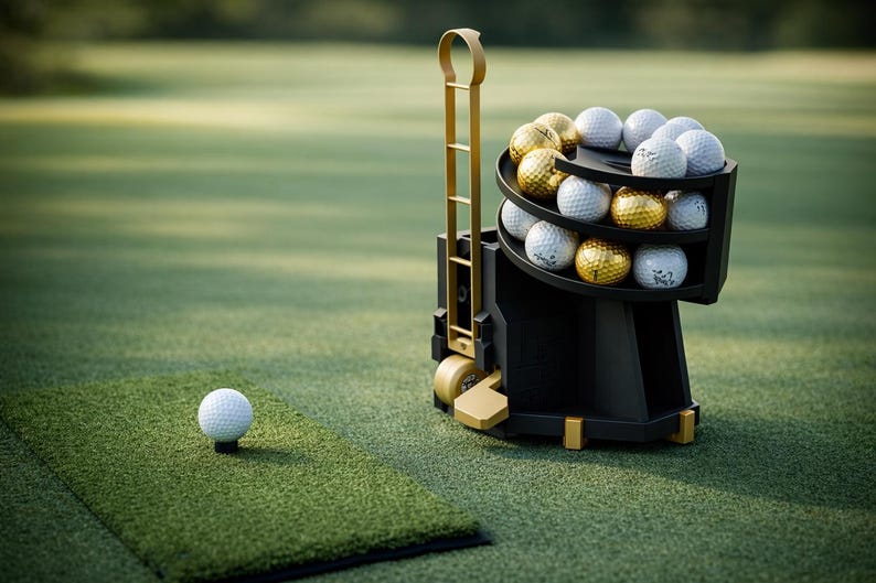 Outdoor Golf Ball Dispenser – Automatic PETG Holder with Adjustable Stand – Golf Practice Tool Black & Gold
