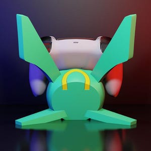 May include: A 3D-rendered, stylized object with a rounded, teal body and large, angular teal wings. The object has a white top with black accents, and a yellow arch detail. The background transitions from blue to red.