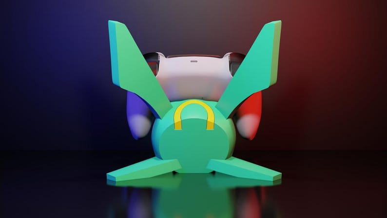 May include: A 3D-rendered, stylized object with a rounded, teal body and large, angular teal wings. The object has a white top with black accents, and a yellow arch detail. The background transitions from blue to red.