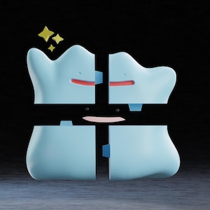 May include: A light blue, segmented character with a smiling face, red mouth, and small black eyes. The character has a wavy top and is divided into four parts. Yellow stars are above the character. The background is black.