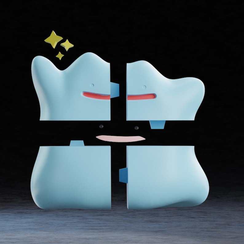 May include: A light blue, segmented character with a smiling face, red mouth, and small black eyes. The character has a wavy top and is divided into four parts. Yellow stars are above the character. The background is black.