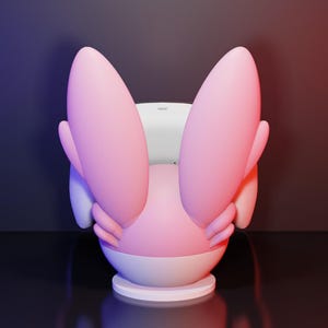 May include: A 3D-rendered chair in a whimsical design, featuring a pink and white color scheme. The chair has large, rounded pink elements that resemble ears or wings, and a white seat. The background has a gradient of purple and red.