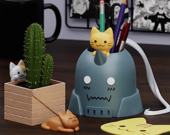 Alphonse Elric Desk Set – Fullmetal Alchemist Organizer with Cat Planter & Coaster