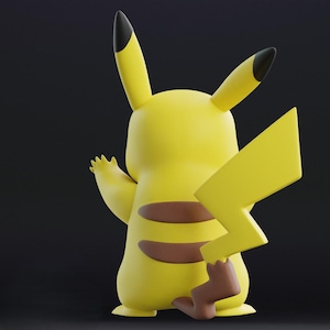 May include: A yellow Pikachu figurine, viewed from the back, with a lightning bolt tail and brown stripes. The ears have black tips, and the figure is set against a dark background. The figurine is a collectible item.