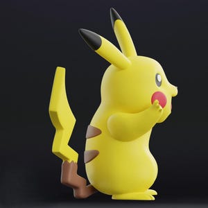May include: A yellow Pikachu figurine with black-tipped ears, red cheeks, and a lightning bolt tail. The figure is in a side profile, with a brown base on the tail and brown markings on the back.