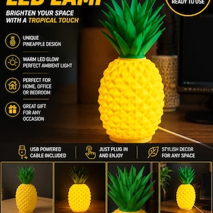 Può includere: Una lampada a LED a forma di ananas con un corpo giallo testurizzato e foglie verdi. La lampada è alimentata tramite USB ed emette una luce calda. Il testo sull'immagine include PINEAPPLE LED LAMP, BRIGHTEN YOUR SPACE WITH A TROPICAL TOUCH.