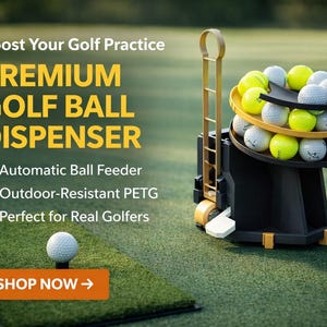 May include: A black and gold golf ball dispenser with the text "PREMIUM GOLF BALL DISPENSER". The dispenser holds multiple golf balls, some yellow and some white. A golf ball sits on a green mat. The text "SHOP NOW" is on an orange button.