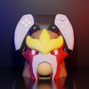Peut inclure: Support de manette de jeu personnalisé avec un design de personnage rouge, jaune et blanc. Il maintient une manette noire avec des accents blancs. Le fond présente un dégradé de bleu et de rouge.