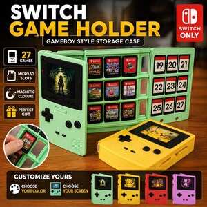 Puede incluir: Un soporte para juegos de Switch estilo Gameboy verde menta con el texto "SWITCH GAME HOLDER" y "GAMEBOY STYLE STORAGE CASE". El soporte tiene ranuras para 27 juegos, ranuras micro SD y un cierre magnético. También se muestra un soporte amarillo.