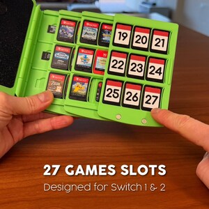 May include: A lime green game cartridge case with 27 slots, designed for Switch 1 & 2 games. The case is open, revealing game cartridges and numbered slots. The text "27 GAMES SLOTS" and "Designed for Switch 1 & 2" is displayed.
