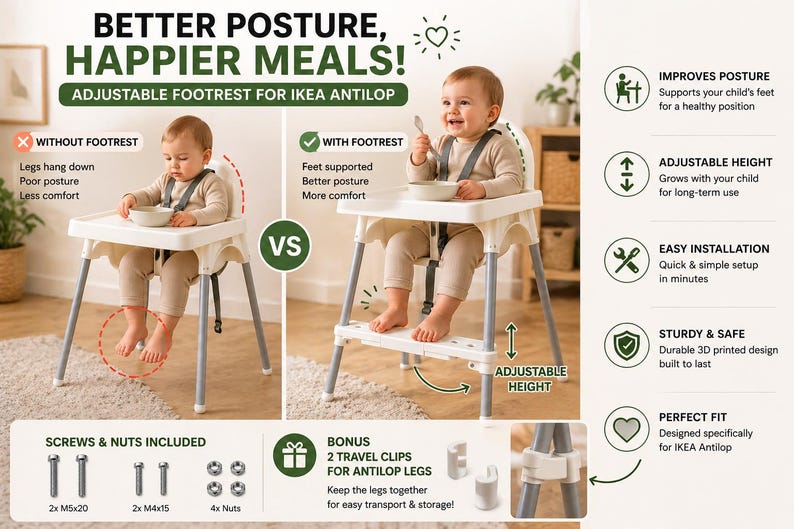 May include: An adjustable footrest for IKEA Antilop high chairs. The image shows a baby in a high chair with and without the footrest. Text reads "Better Posture, Happier Meals!" and highlights features like adjustable height and easy installation.