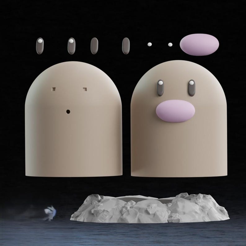 May include: A 3D rendering of a cartoon character, Diglett, with a tan body and a pink nose. The image shows the character in two parts, with floating eyes and a nose above a rocky base. A small figure runs in the background.