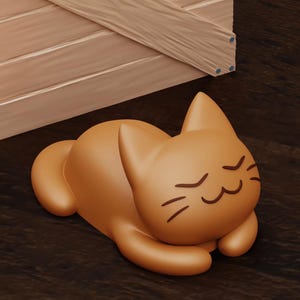 May include: A brown, cartoon-style cat figurine with closed eyes and a smiling expression. The cat is lying on its side with its paws tucked under its body.