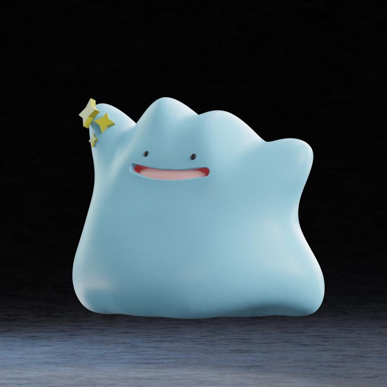 May include: A light blue, blob-shaped figure with a smiling face and small, yellow star accents. The figure has a smooth, rounded form and a simple, cheerful expression. The background is dark, emphasizing the figure's bright color and playful design.