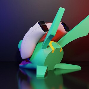 May include: A teal and yellow gaming controller stand with a unique design, holding two white and red game controllers. The stand has a futuristic aesthetic, with a glossy surface and a gradient background.