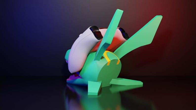 May include: A teal and yellow gaming controller stand with a unique design, holding two white and red game controllers. The stand has a futuristic aesthetic, with a glossy surface and a gradient background.