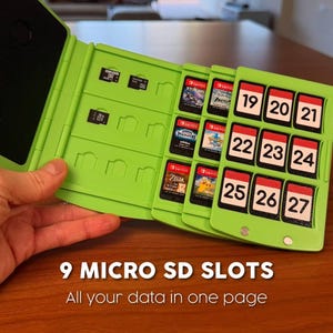 May include: A lime green game cartridge holder with slots for micro SD cards and game cartridges. The holder has the text "9 MICRO SD SLOTS" and "All your data in one page". The holder is on a wooden surface.